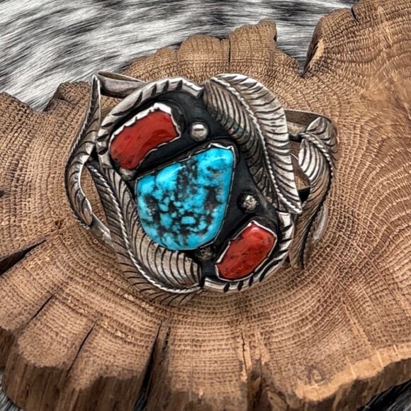 1970s Native American NAVAJO Sterling Turquoise & Branch Coral Cuff Bracelet - Picture 1 of 4